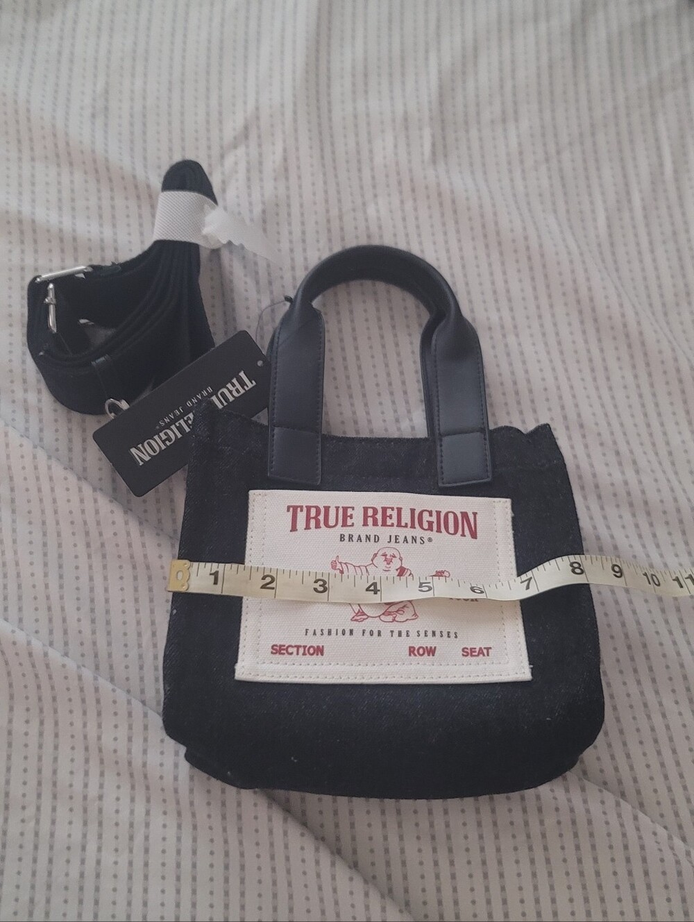 True Religion Black Mini Denim Tote with Branded Front Patch